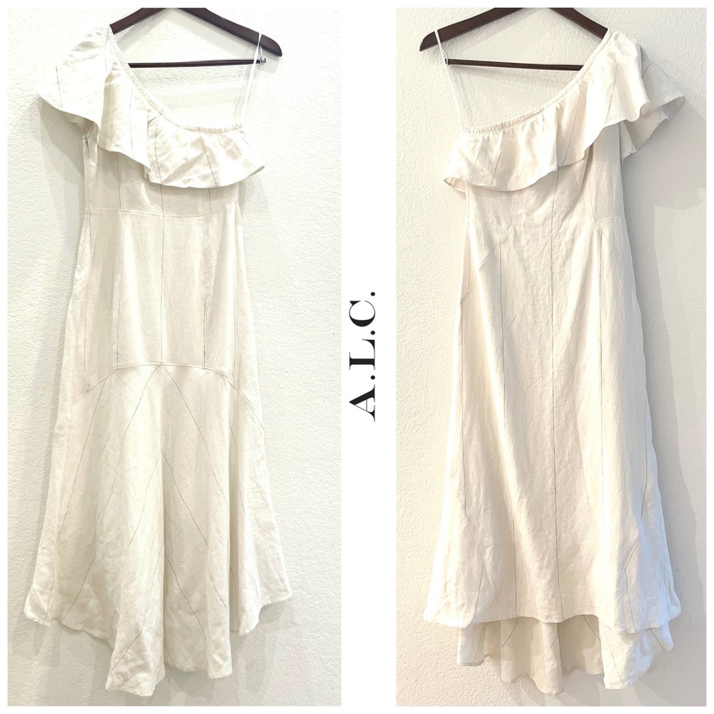 NWT A.L.C. One Shoulder Linen Silk Ruffle Overlay Midi Dress Ecru Navy Stripe - Picture 6 of 11